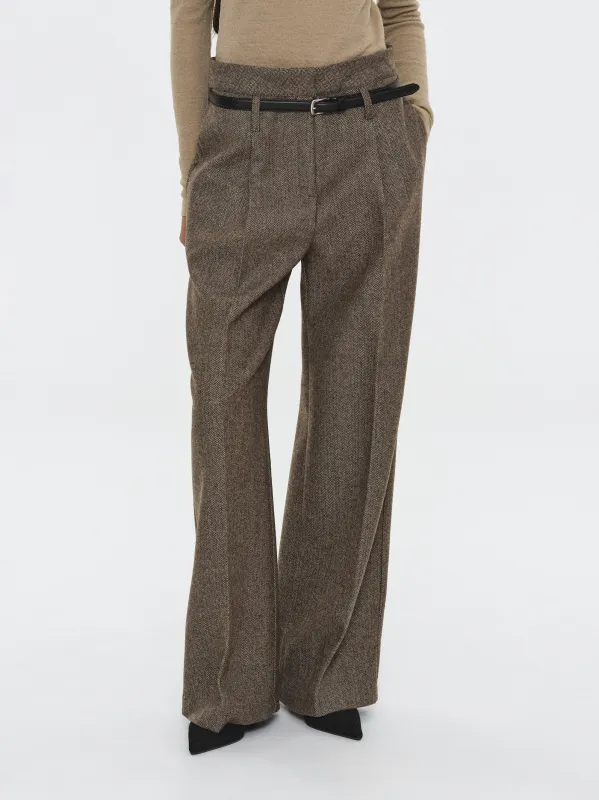Belted Herringbone Trousers, Brown sold by Source Unknown
