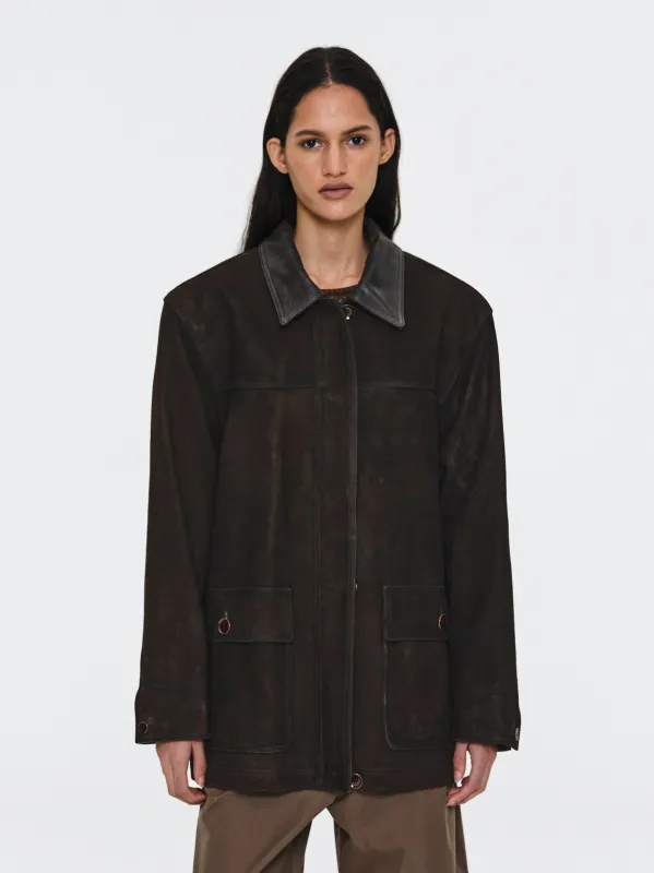 Paneled Barn Suede Jacket, Brown sold by Source Unknown
