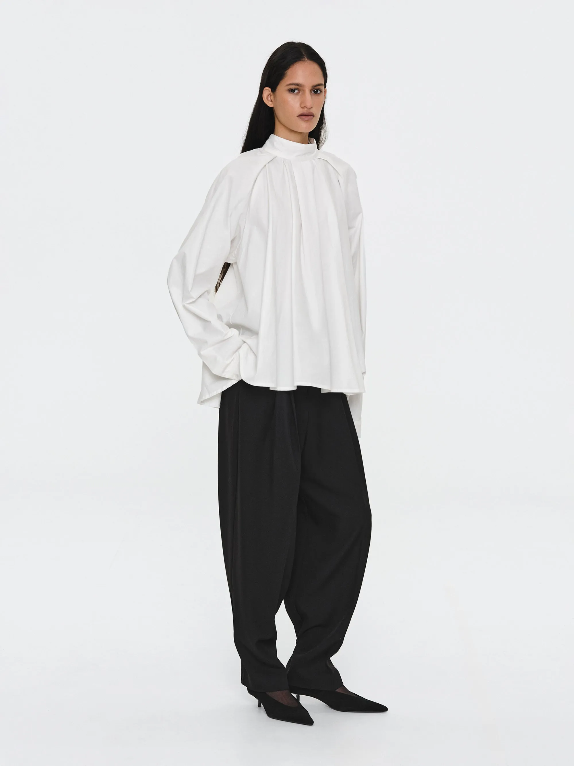 Gathered Poplin Blouse, White sold by Source Unknown