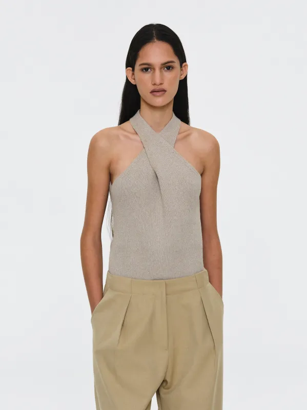 Criss-Cross Halter Knit Top, Beige sold by Source Unknown