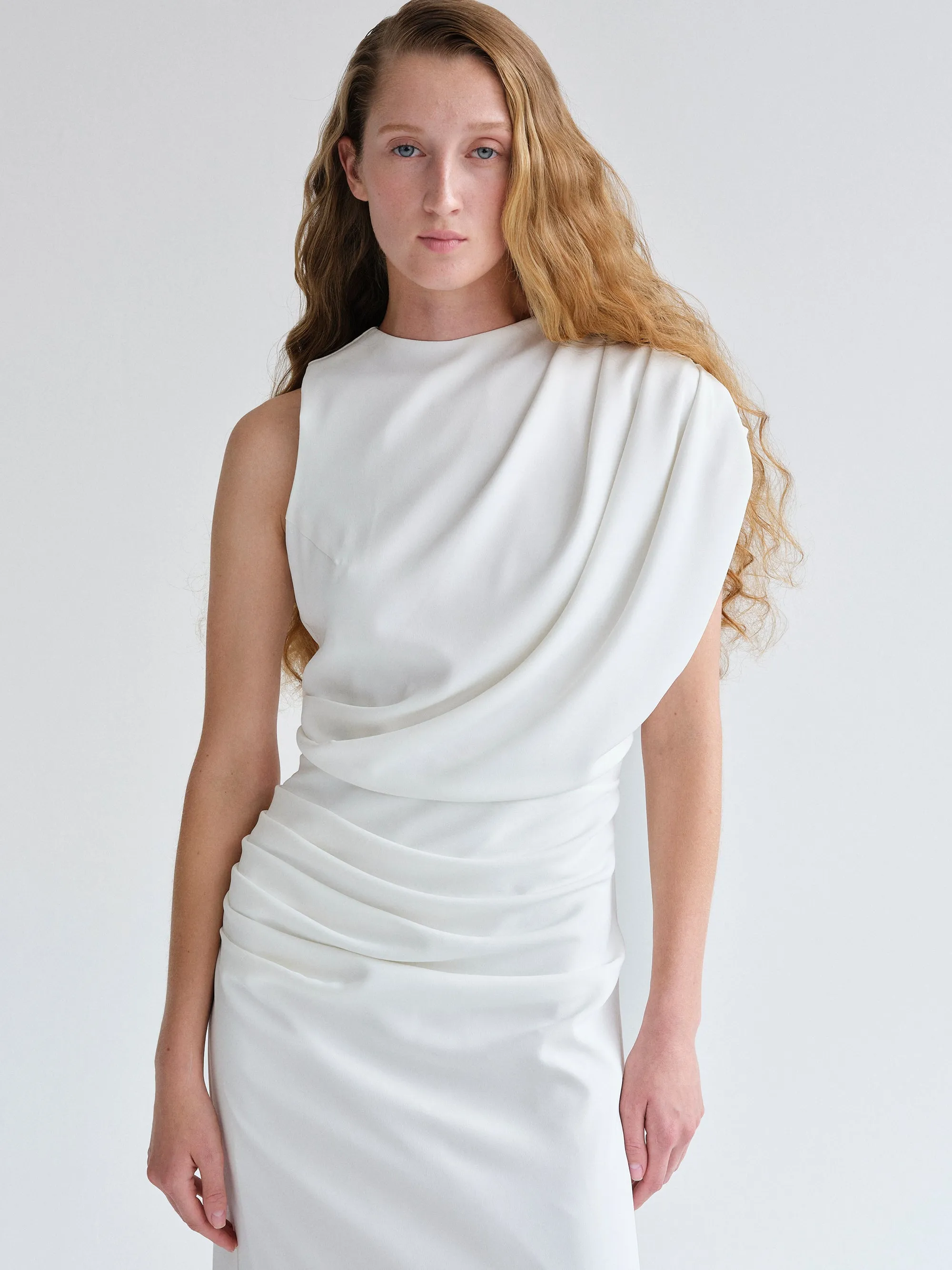 Martu Asymmetric Draped Dress, White sold by Source Unknown product image thumbnail 3