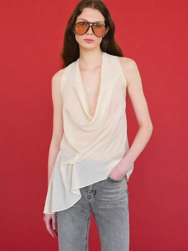 Tomi Asymmetrical Drape Satin Top, Ivory sold by Source Unknown