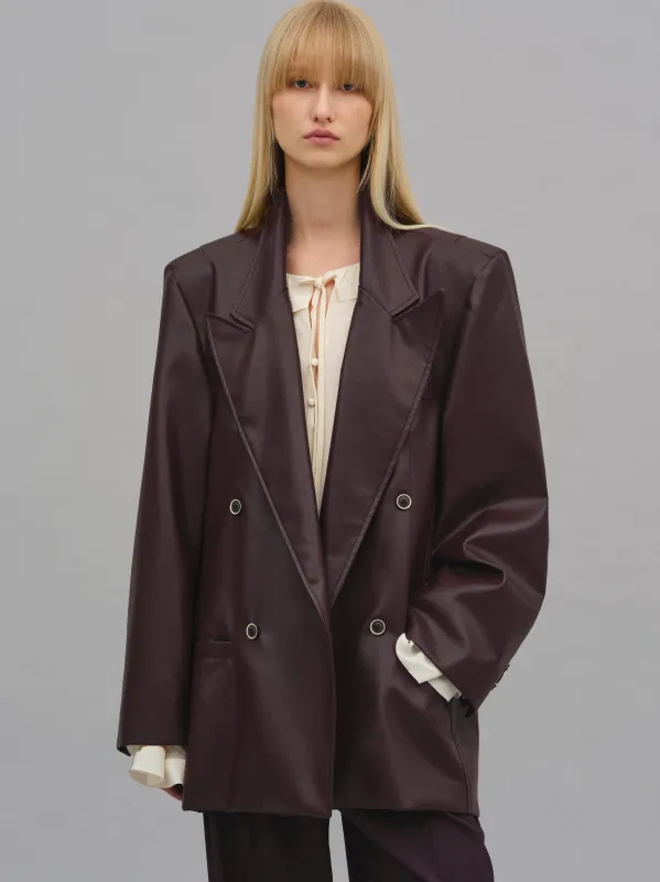 Kasos Faux Leather Double-Breasted Blazer, Brown sold by Source Unknown