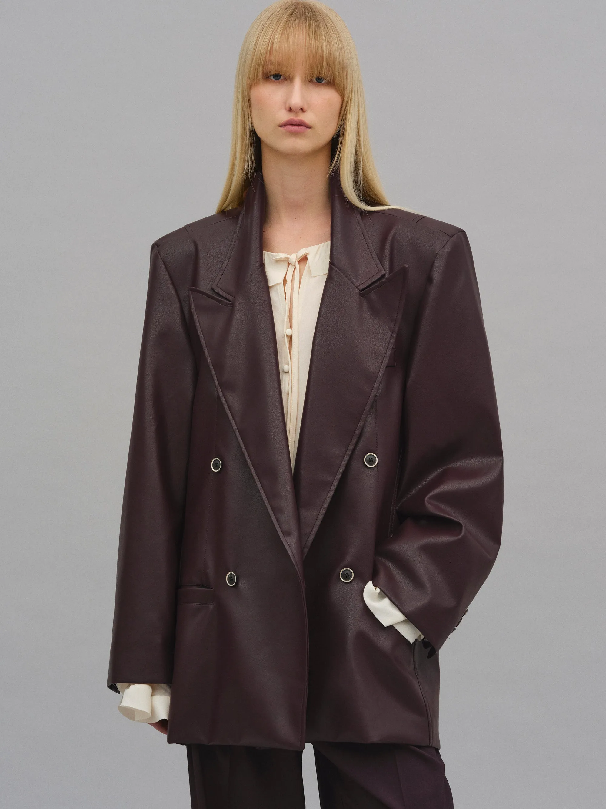 Kasos Faux Leather Double-Breasted Blazer, Brown sold by Source Unknown