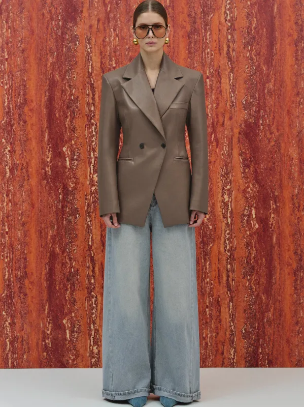 Nangy Faux-Leather Cinched Blazer, Tan sold by Source Unknown