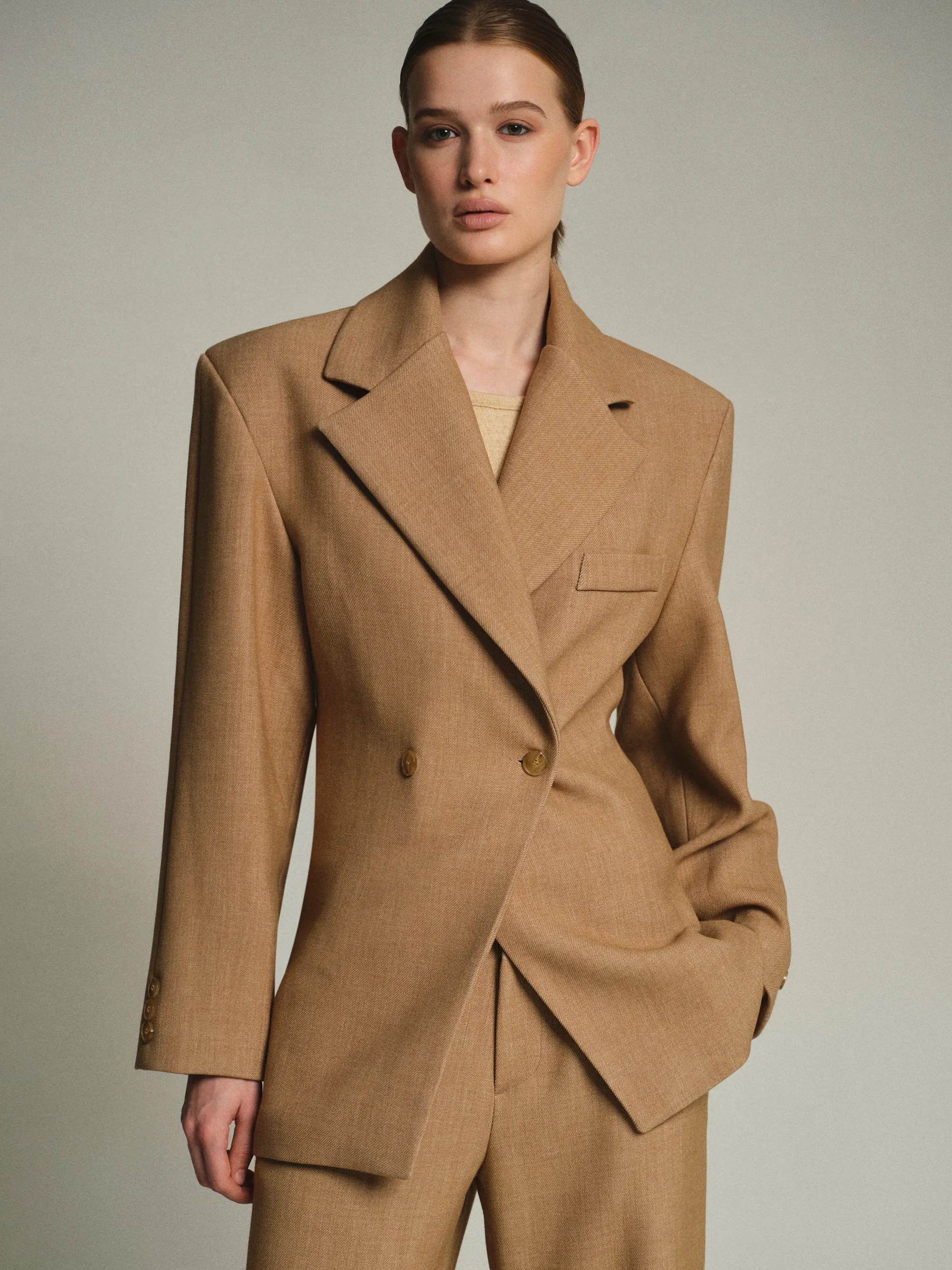 Nangy Double Breasted Cinched Blazer, Tan sold by Source Unknown