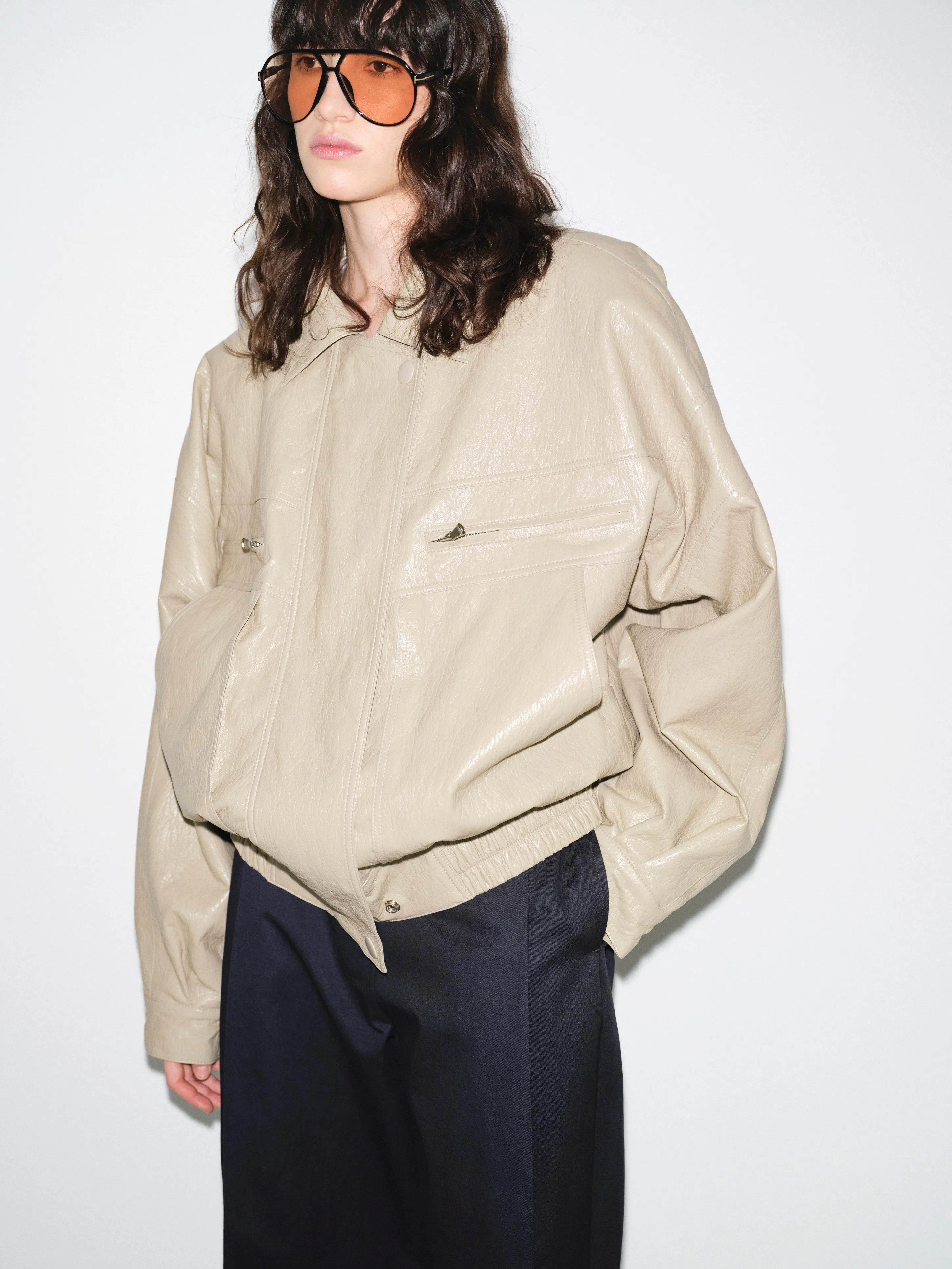 Noler Boxy Faux-Leather Bomber Jacket, Beige sold by Source Unknown product image thumbnail 3