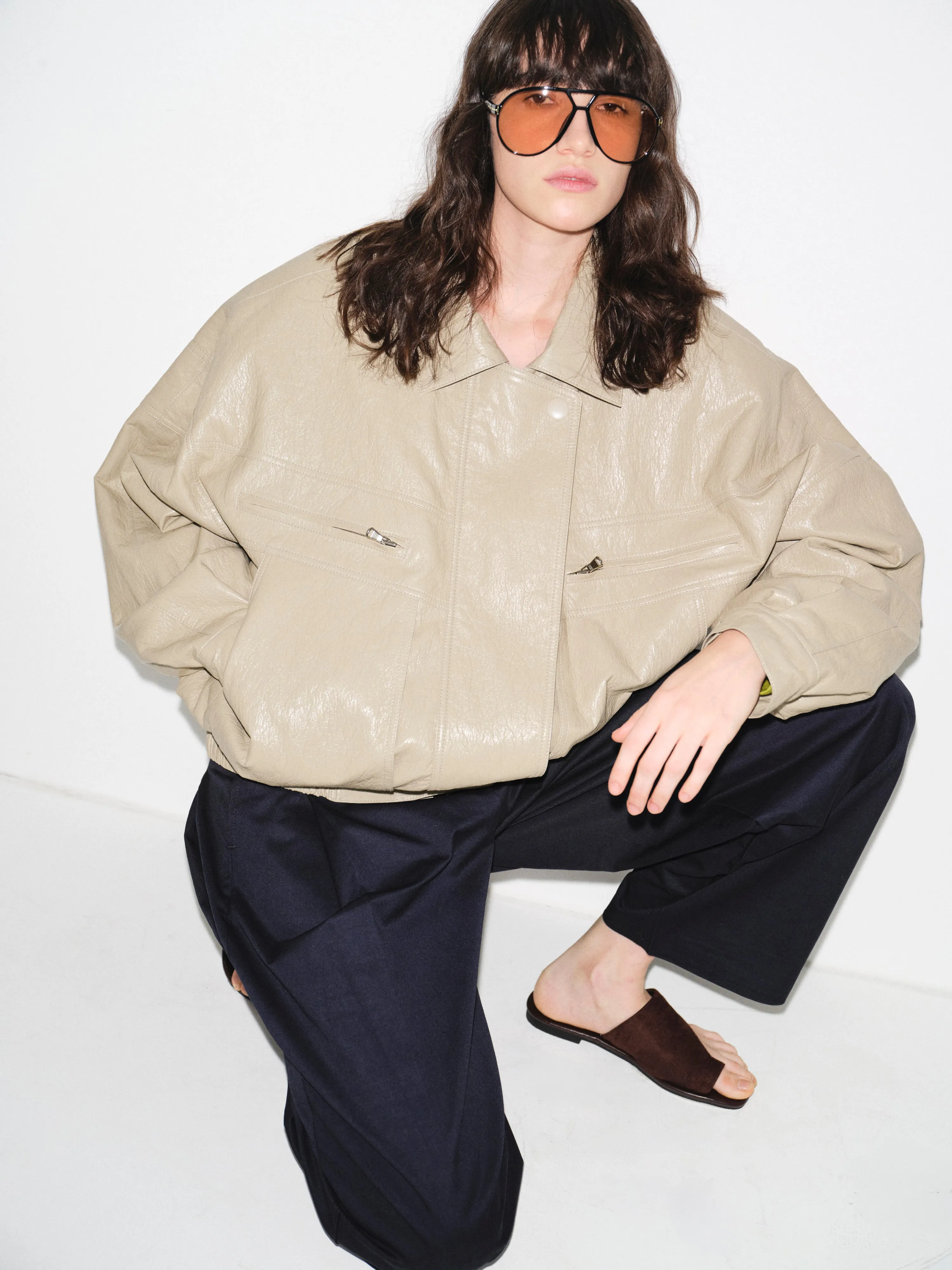 Noler Boxy Faux-Leather Bomber Jacket, Beige sold by Source Unknown product image thumbnail 5