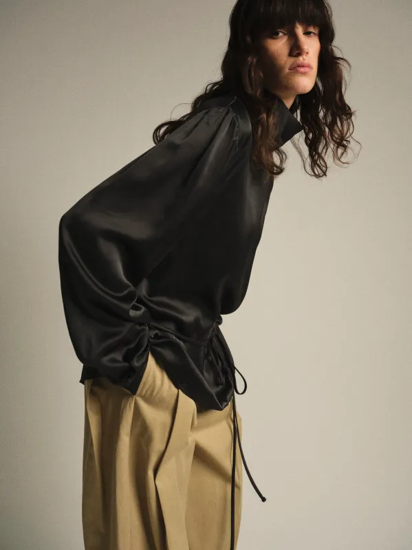 Eben Draped Satin High-Neck Blouse, Black made by Source Unknown