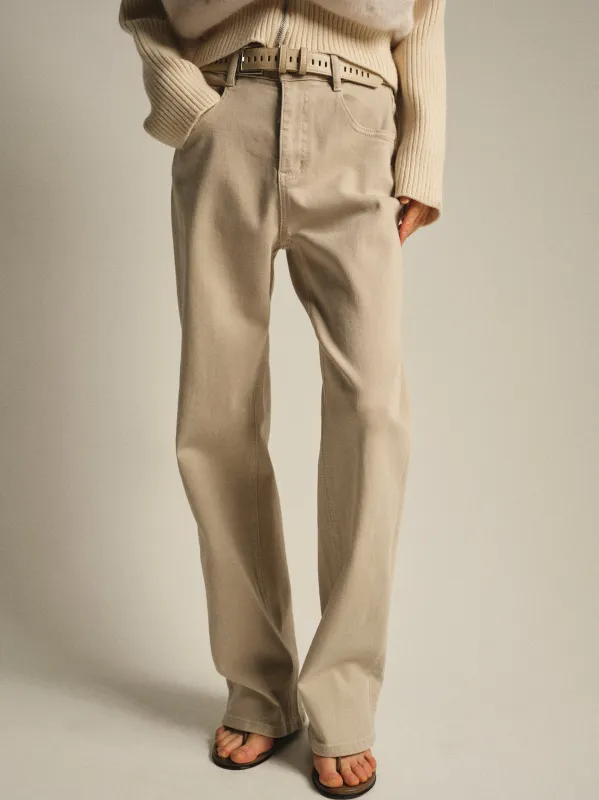 Belted Straight-Leg Jeans, Beige made by Source Unknown