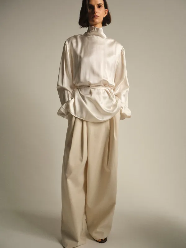 Eben Draped Satin High-Neck Blouse, Ivory made by Source Unknown