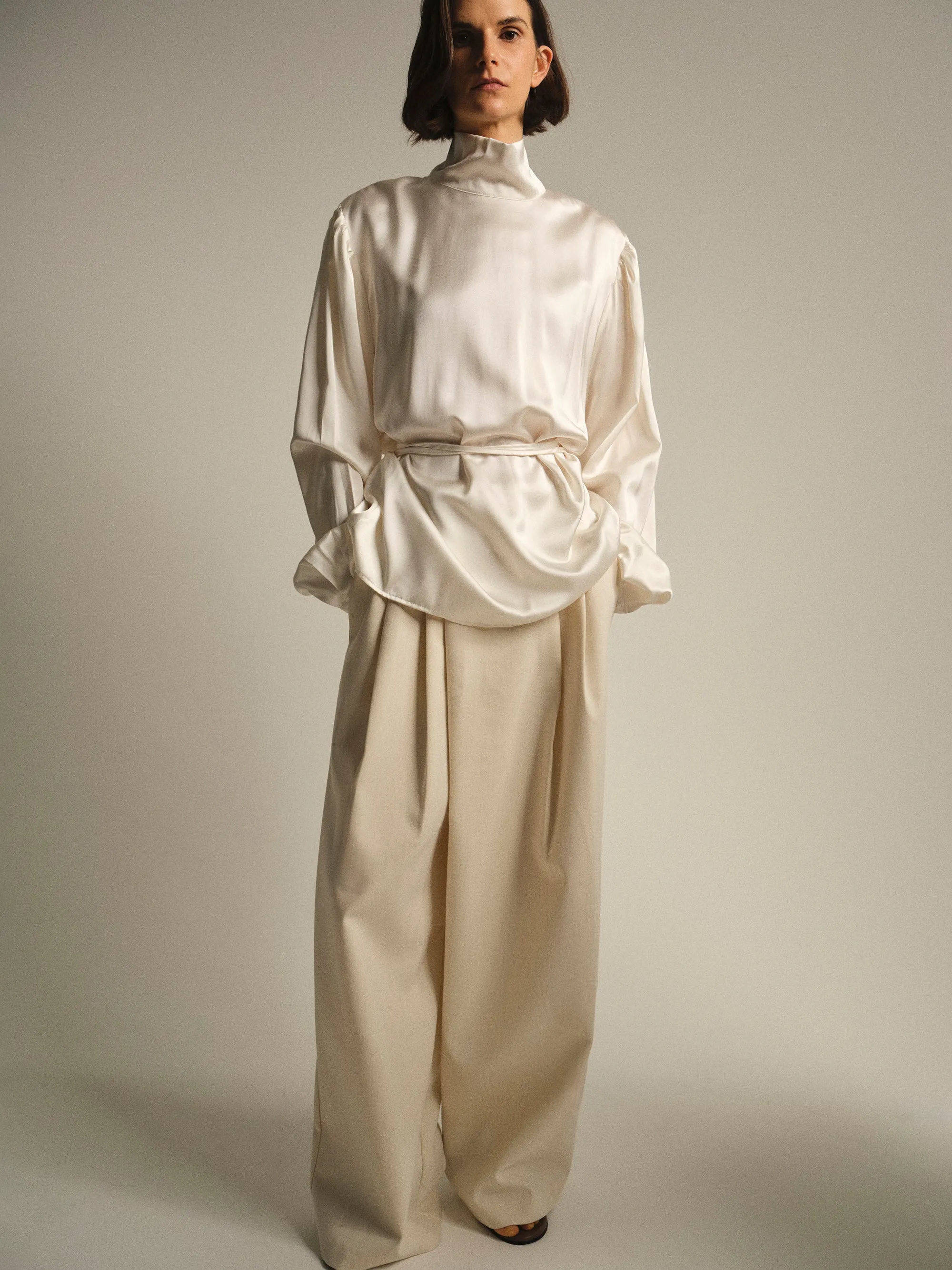Eben Draped Satin High-Neck Blouse, Ivory sold by Source Unknown