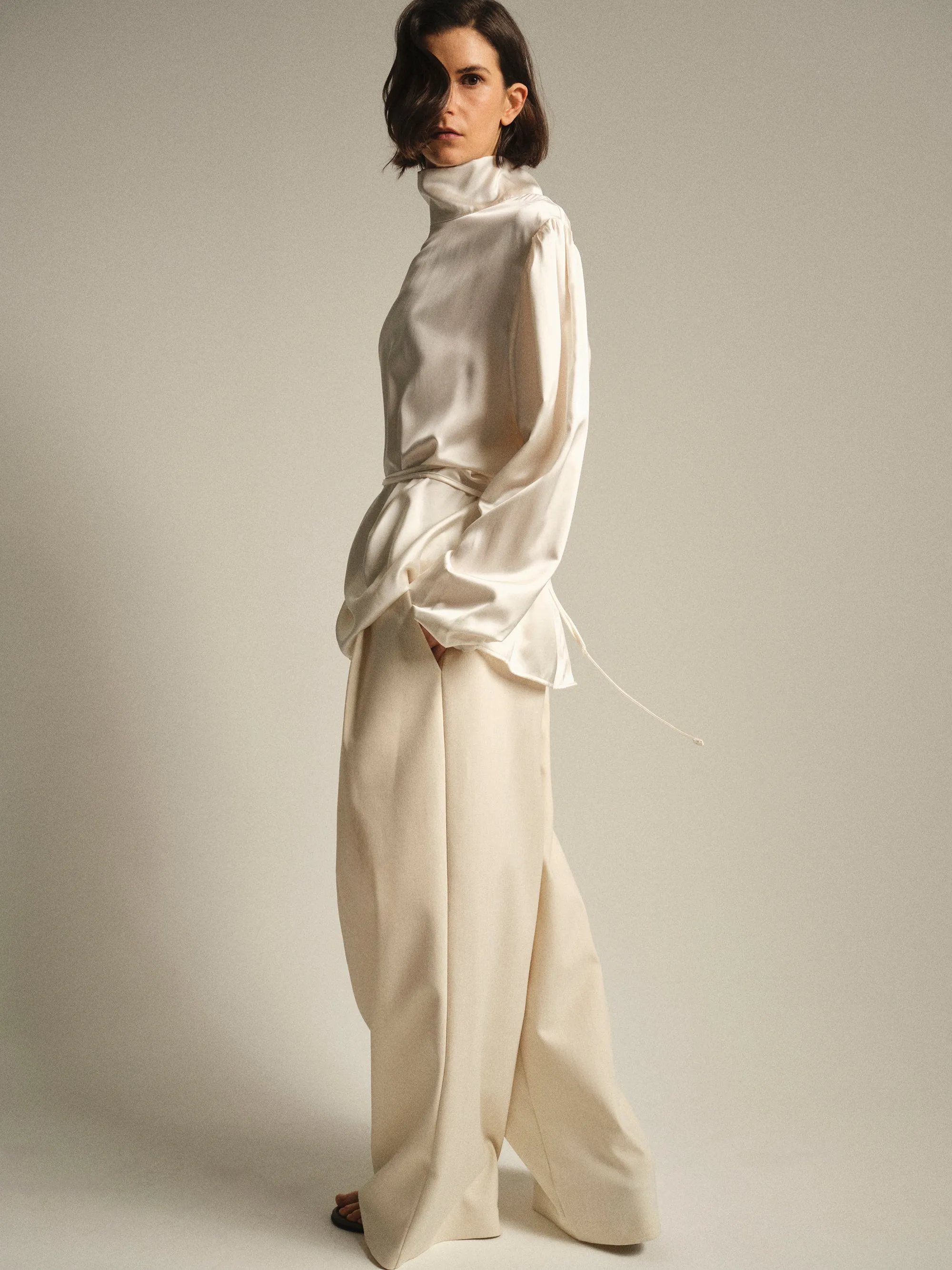 Eben Draped Satin High-Neck Blouse, Ivory sold by Source Unknown product image thumbnail 4