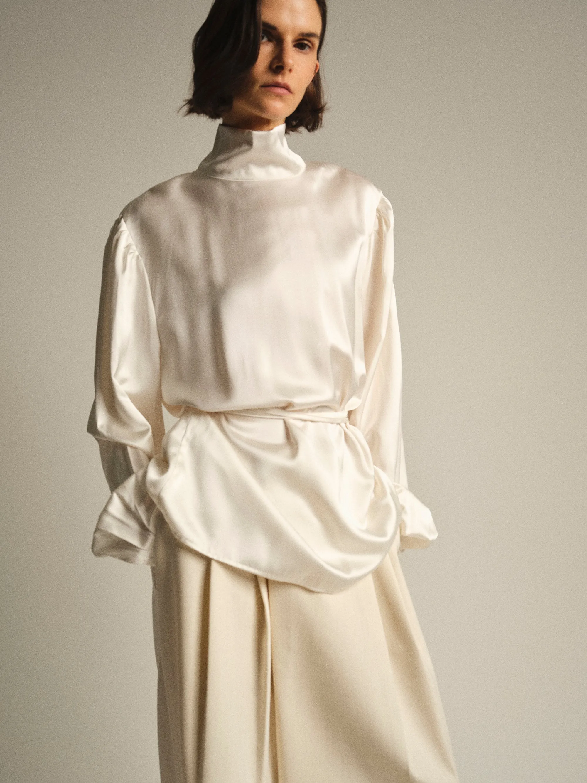 Eben Draped Satin High-Neck Blouse, Ivory sold by Source Unknown product image thumbnail 3