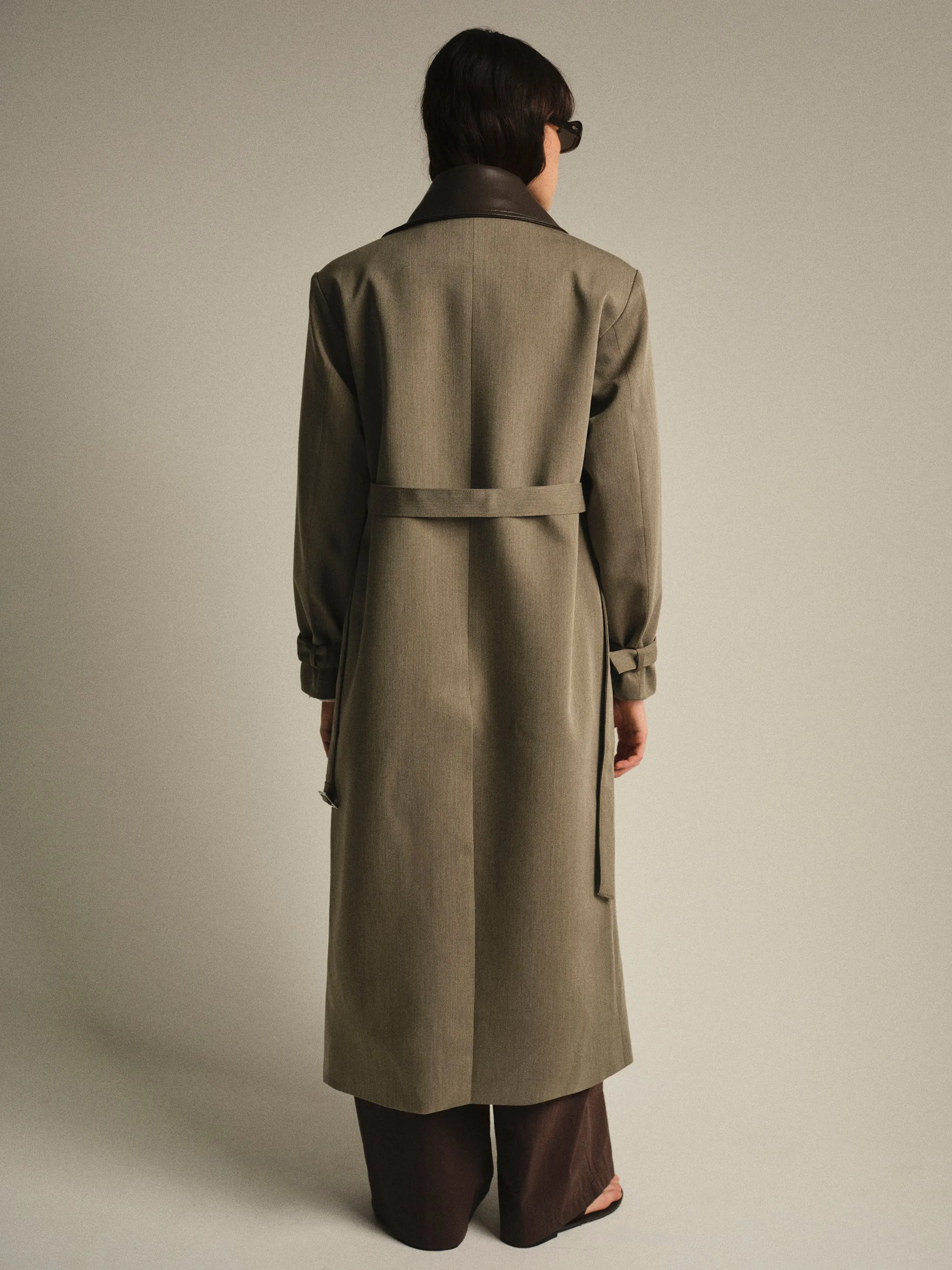 Faux-Leather Collar Long Coat, Brown sold by Source Unknown product image thumbnail 4