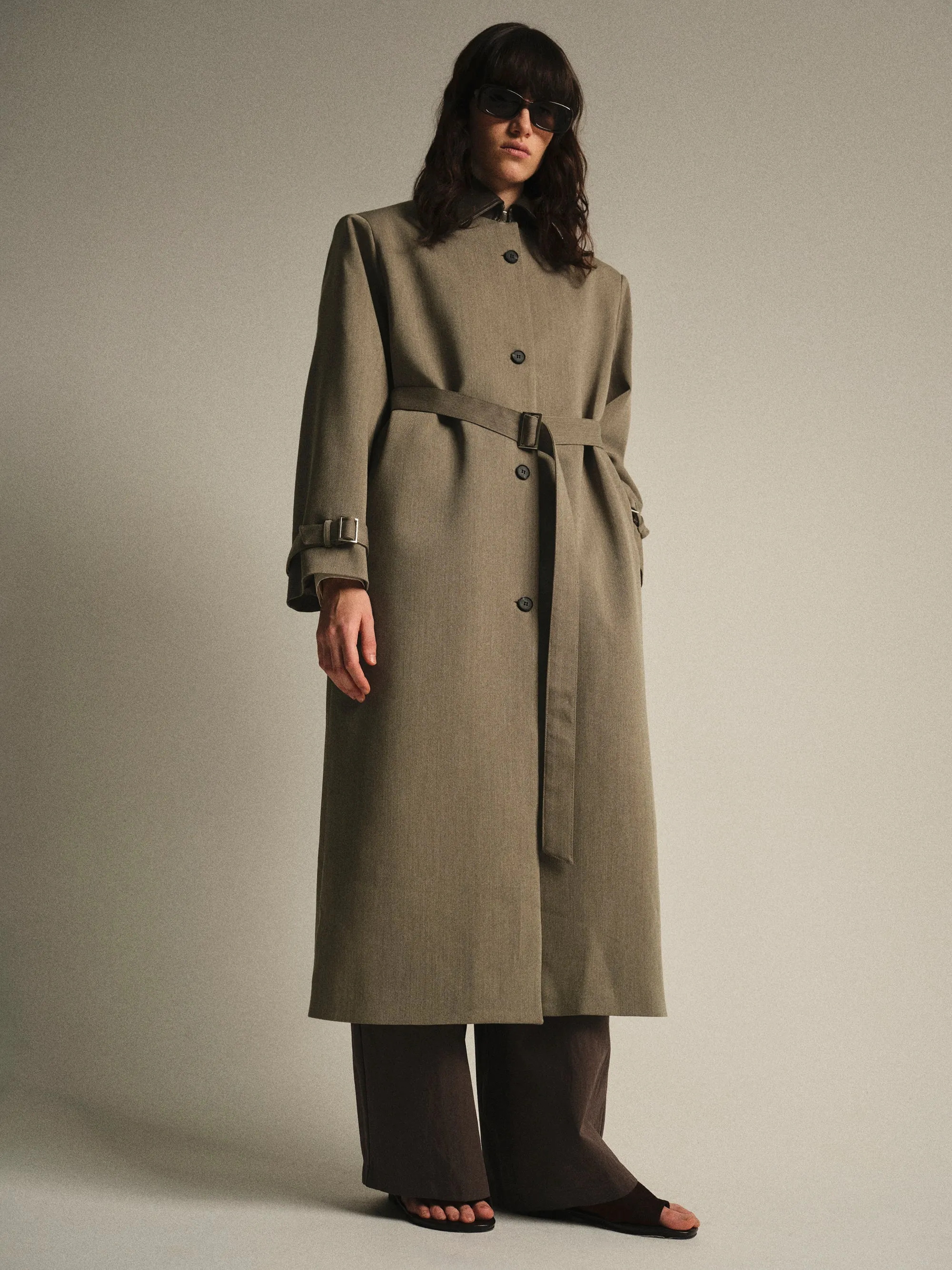Faux-Leather Collar Long Coat, Brown sold by Source Unknown product image thumbnail 2