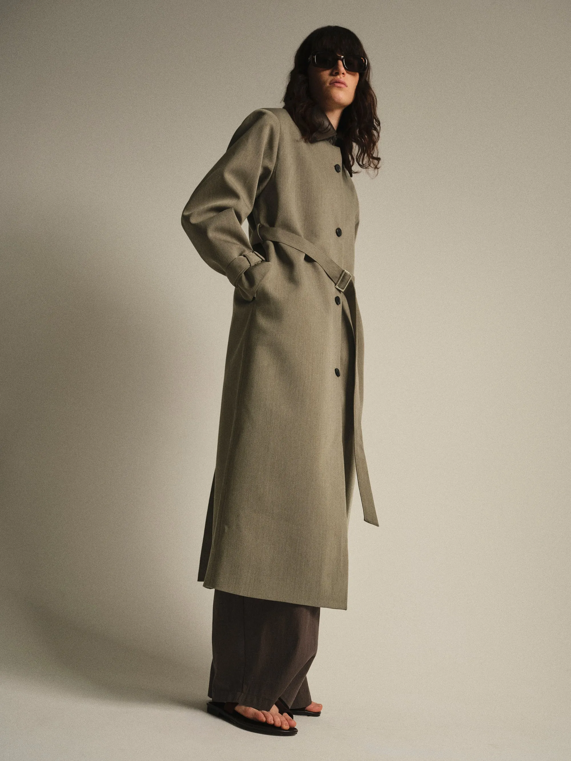 Faux-Leather Collar Long Coat, Brown sold by Source Unknown product image thumbnail 3