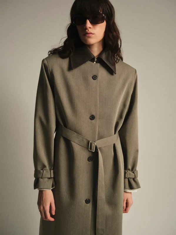 Faux-Leather Collar Long Coat, Brown sold by Source Unknown