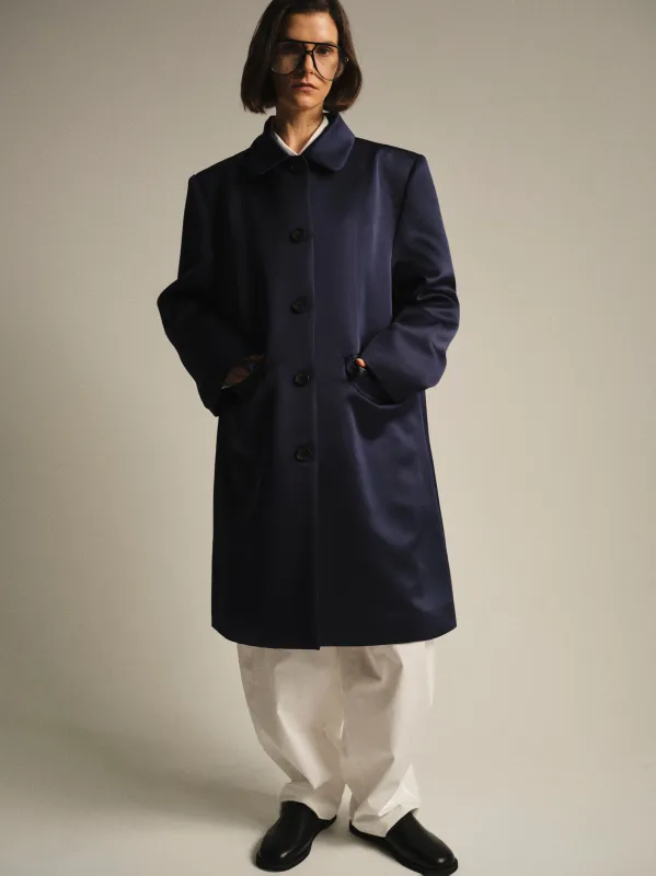 Single-Breasted Satin Coat, Navy made by Source Unknown