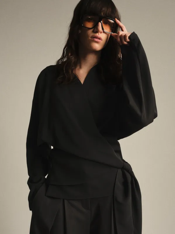 V-Neck Wrap Blouse, Black made by Source Unknown
