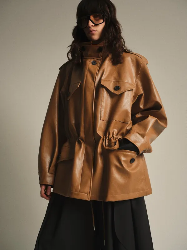 Ferro High-Neck Faux-Leather Field Jacket, Brown sold by Source Unknown