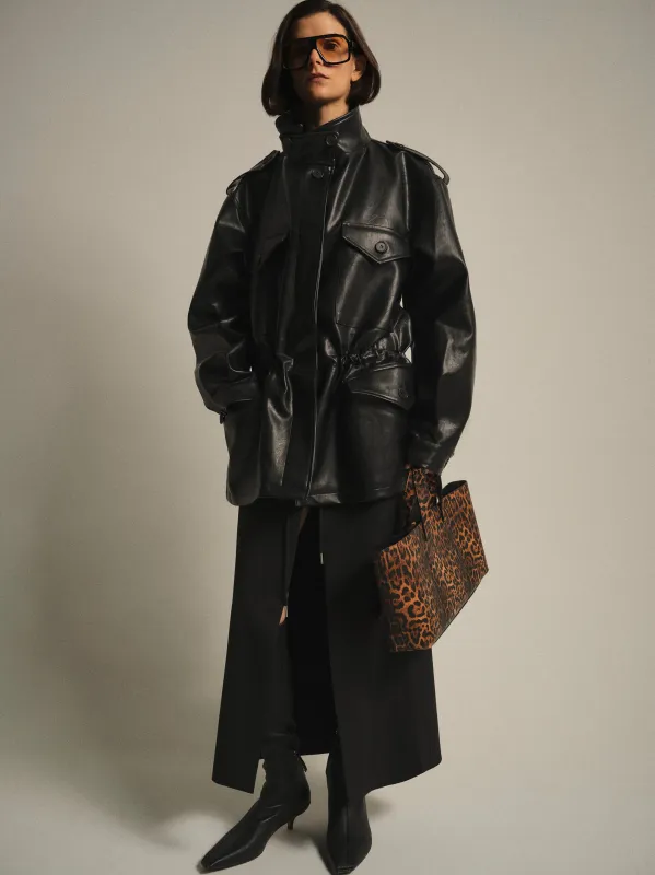 Ferro High-Neck Faux-Leather Field Jacket, Black sold by Source Unknown