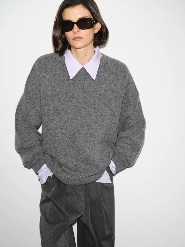 Wide-Shoulder Knit Sweater, Melange Grey sold by Source Unknown