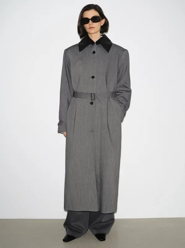 Faux-Leather Collar Long Coat, Grey sold by Source Unknown