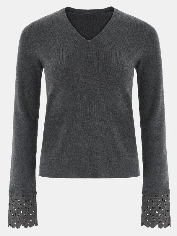 Crochet Cuff V-Neck Knit Top, Charcoal sold by Source Unknown