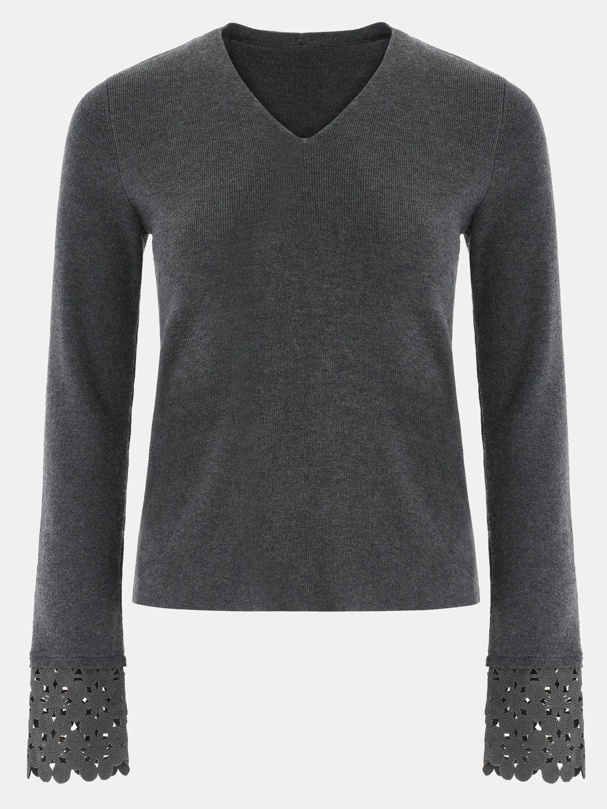 Crochet Cuff V-Neck Knit Top, Charcoal sold by Source Unknown