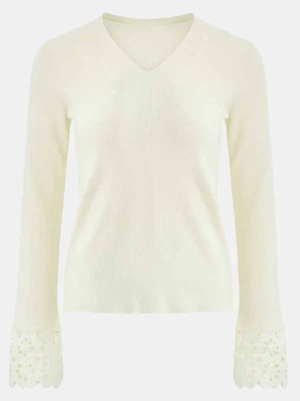 Crochet Cuff V-Neck Knit Top, Ivory sold by Source Unknown