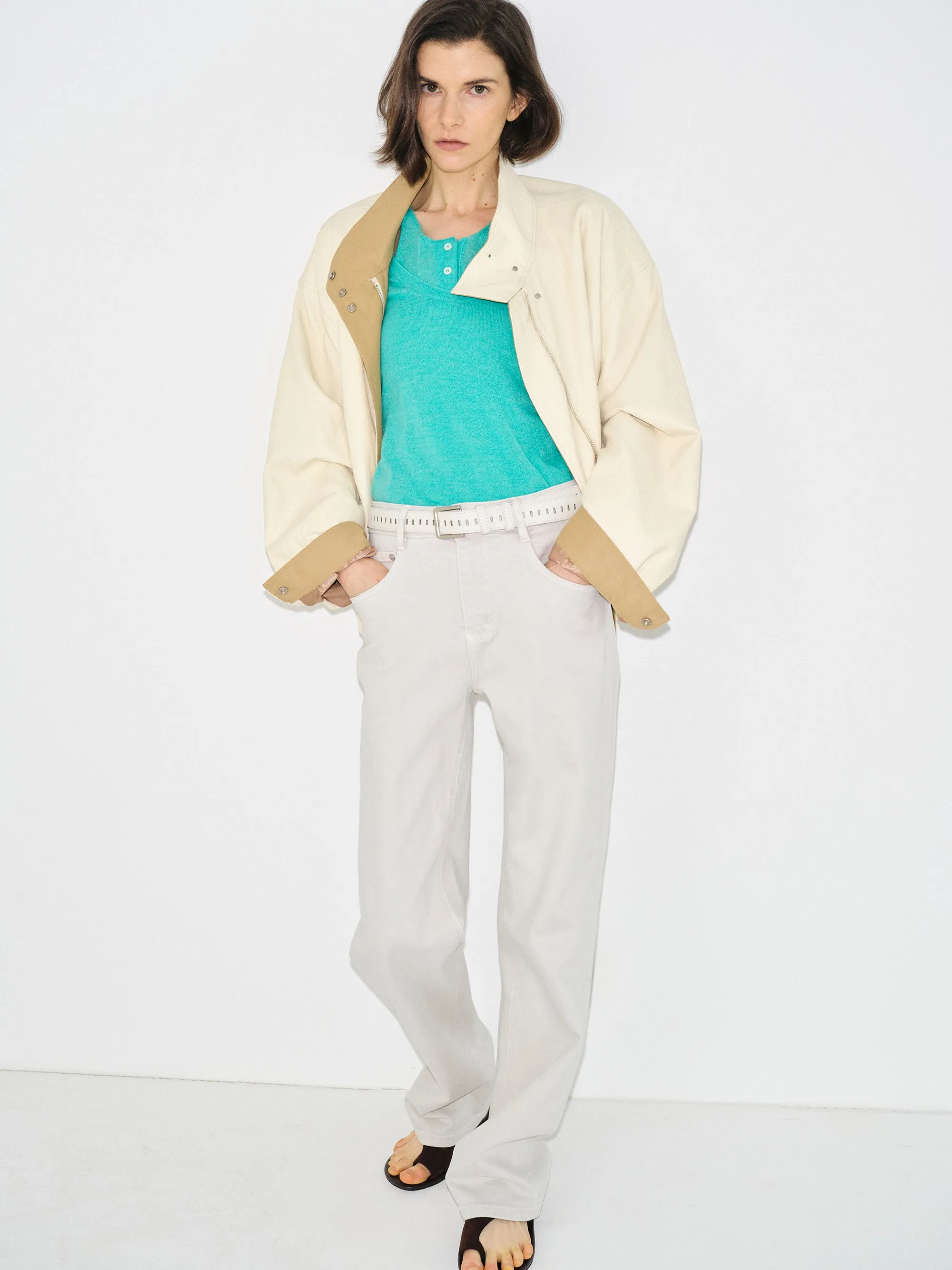 Belted Straight-Leg Jeans, Faded Grey sold by Source Unknown