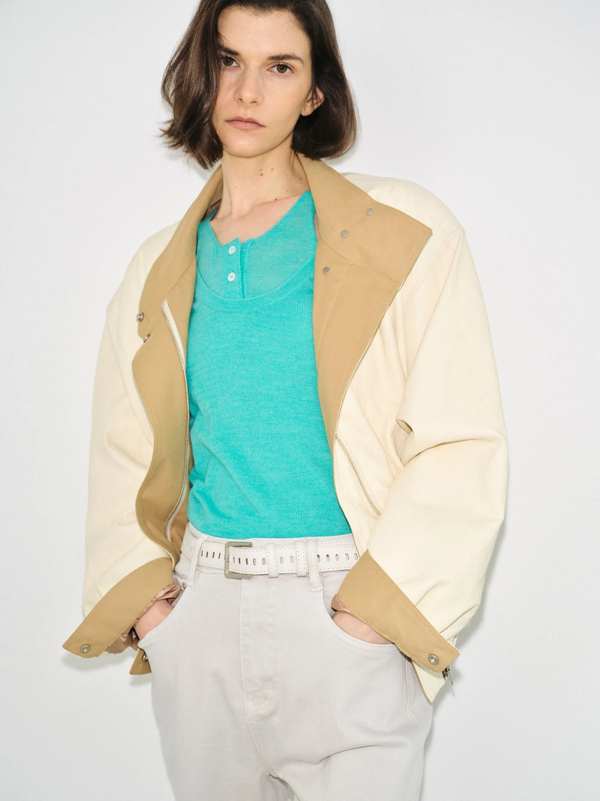 Contrast Panel Faux-Leather Jacket, Cream sold by Source Unknown product image thumbnail 3