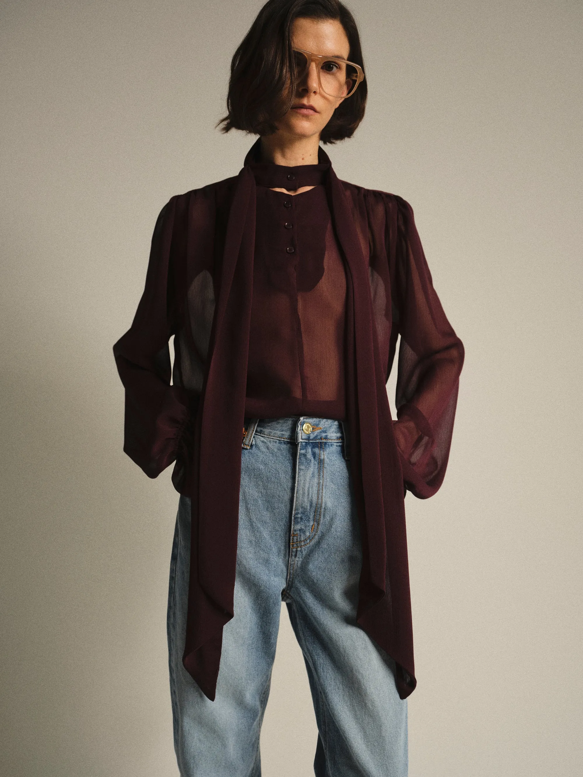 Semi-Sheer Tie Blouse, Wine sold by Source Unknown product image thumbnail 2