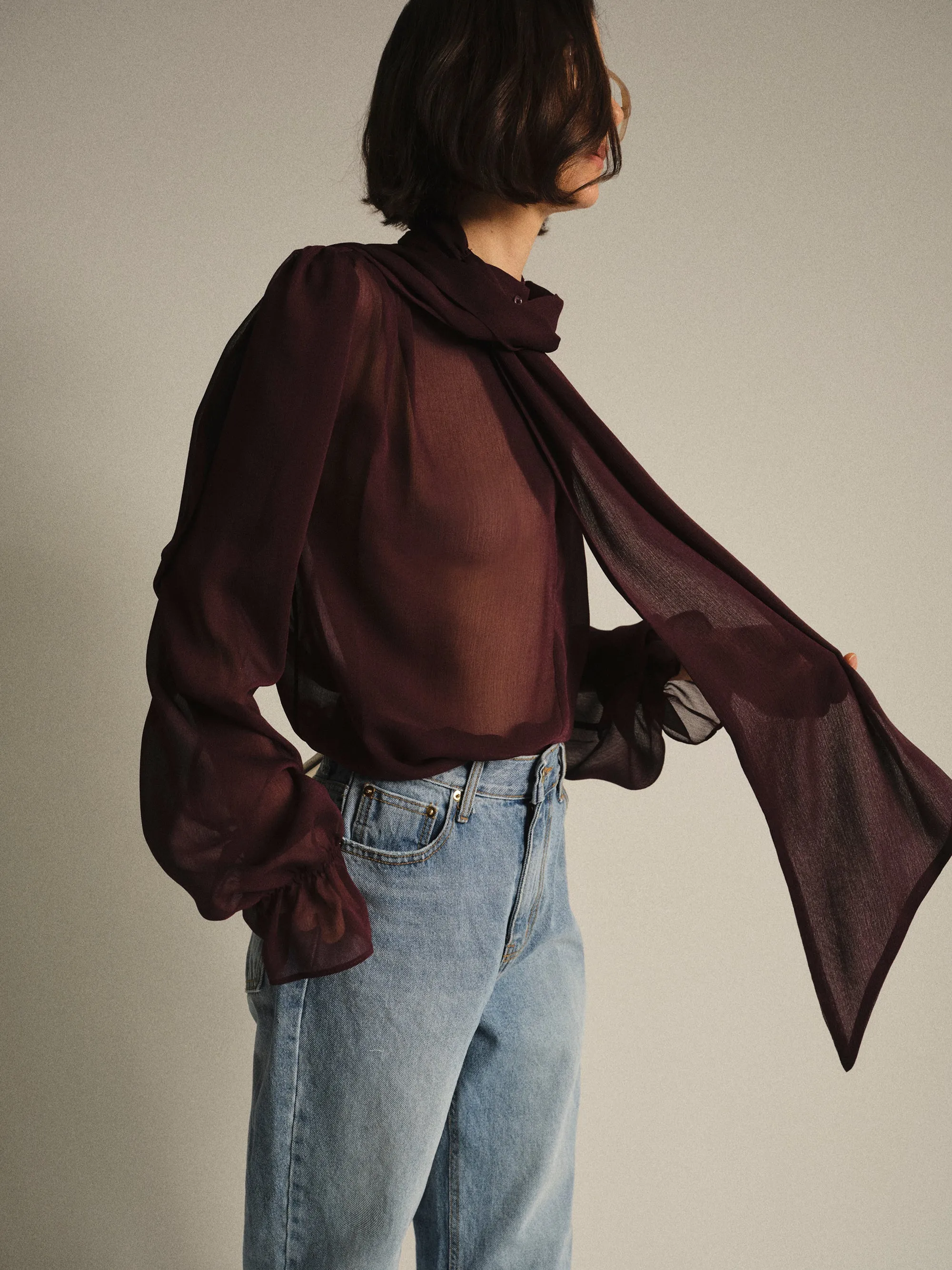 Semi-Sheer Tie Blouse, Wine sold by Source Unknown