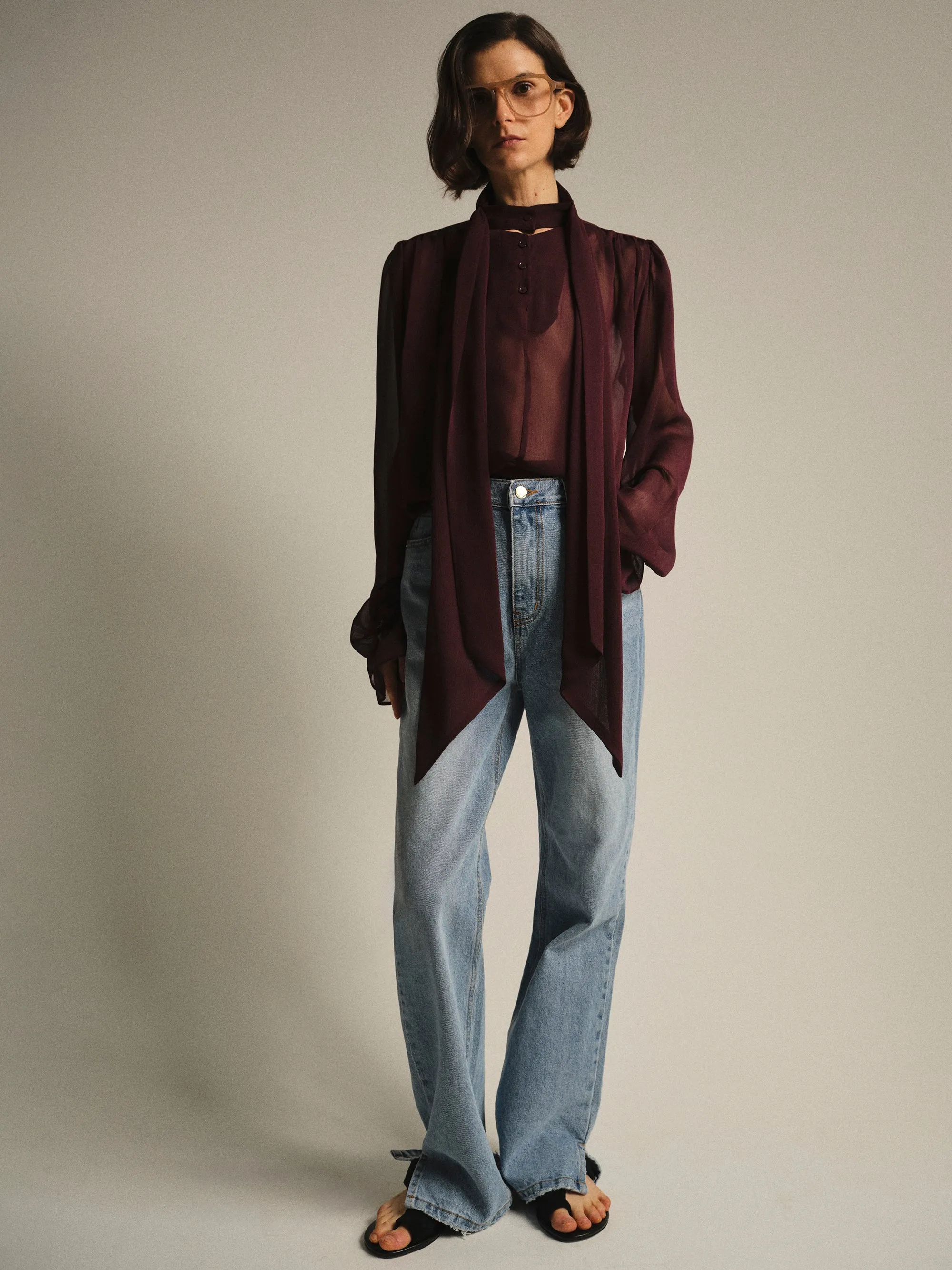 Semi-Sheer Tie Blouse, Wine sold by Source Unknown product image thumbnail 3