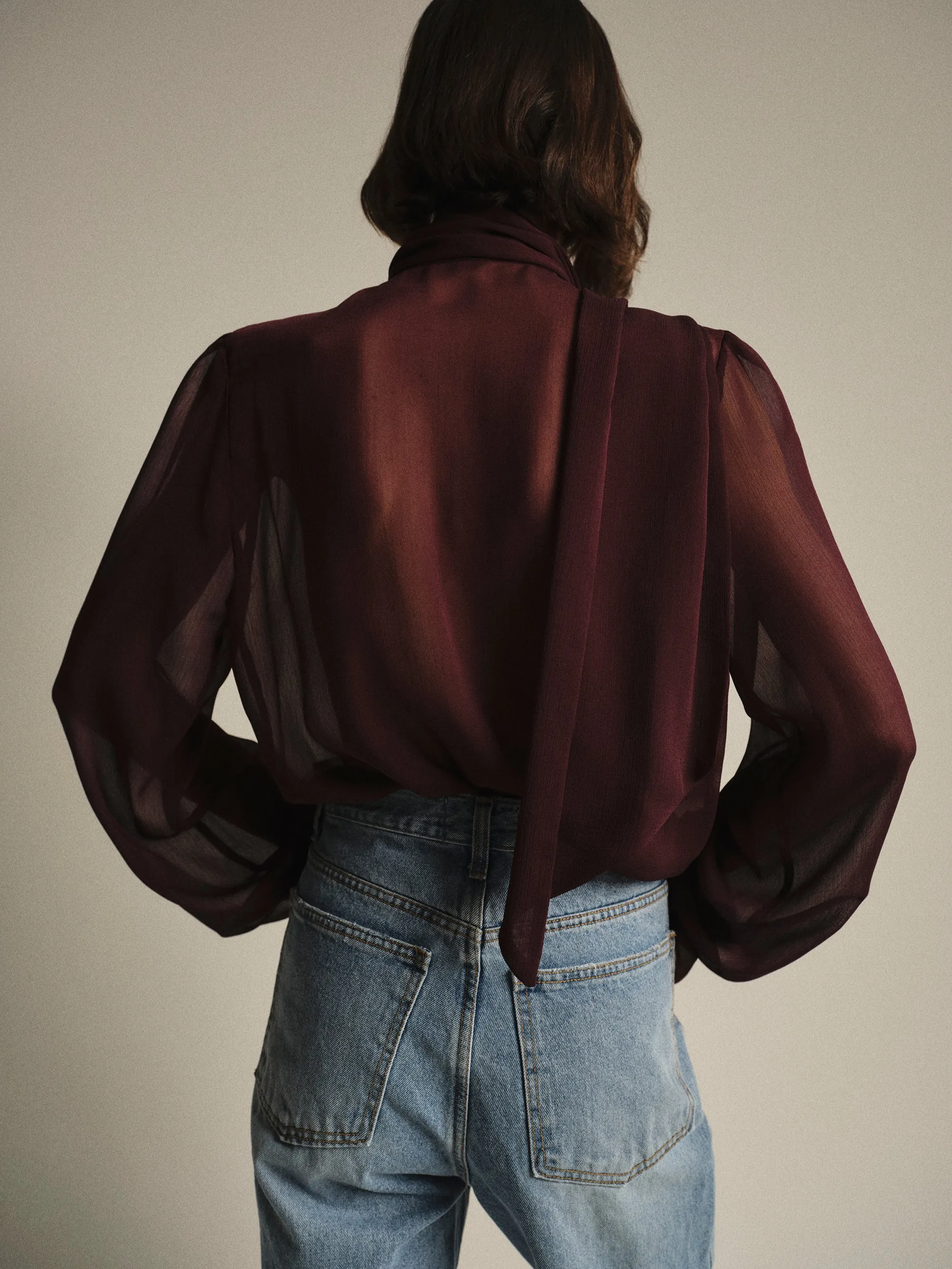 Semi-Sheer Tie Blouse, Wine sold by Source Unknown product image thumbnail 4