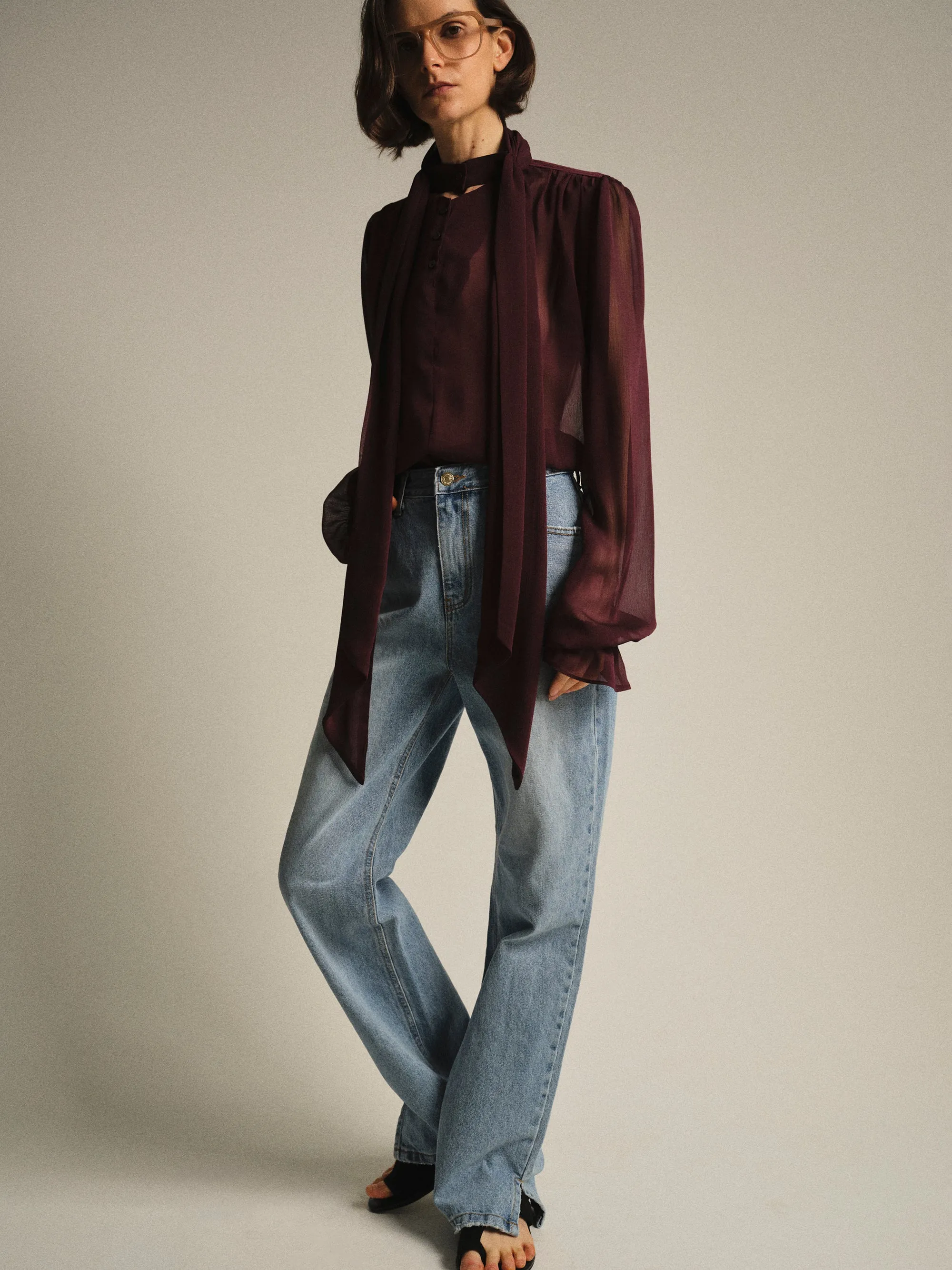 Semi-Sheer Tie Blouse, Wine sold by Source Unknown product image thumbnail 5