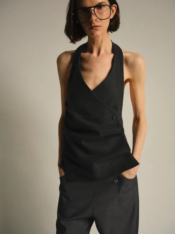 Tiered Button Halter Top, Charcoal sold by Source Unknown