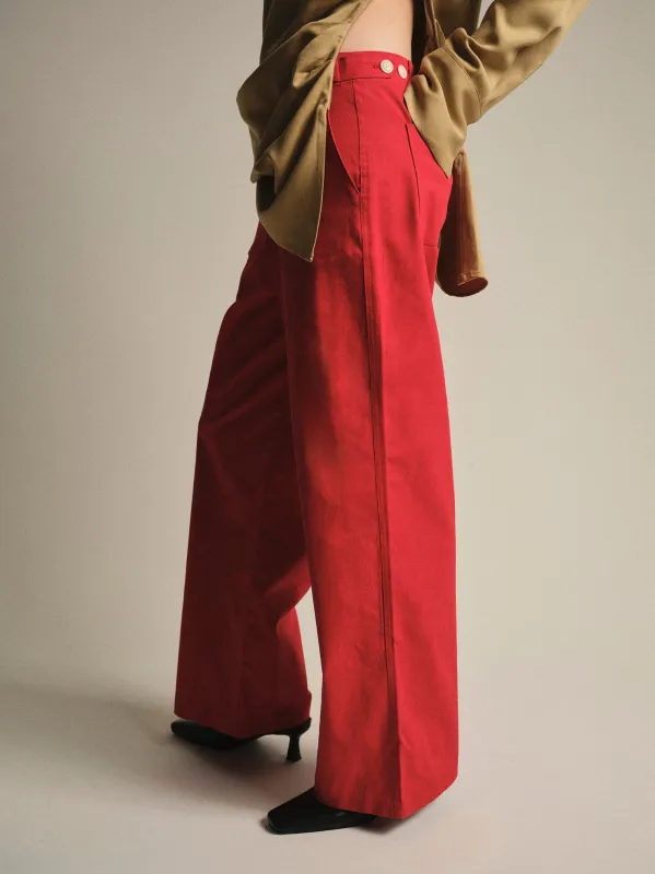 Buttoned Hem Cotton Pants, Red sold by Source Unknown