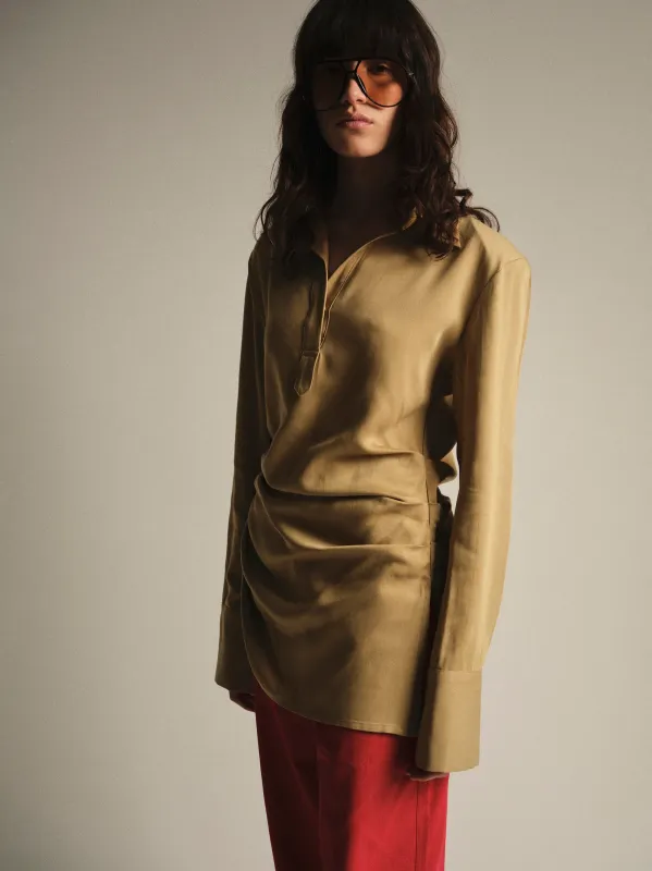 Asymmetric Ruched Blouse, Beige made by Source Unknown