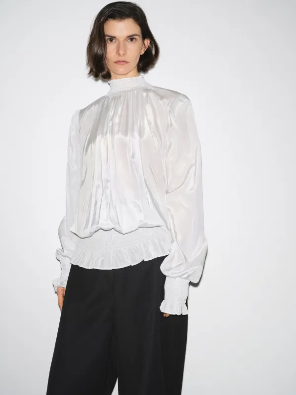 Smocked High-Neck Blouse, Ivory made by Source Unknown
