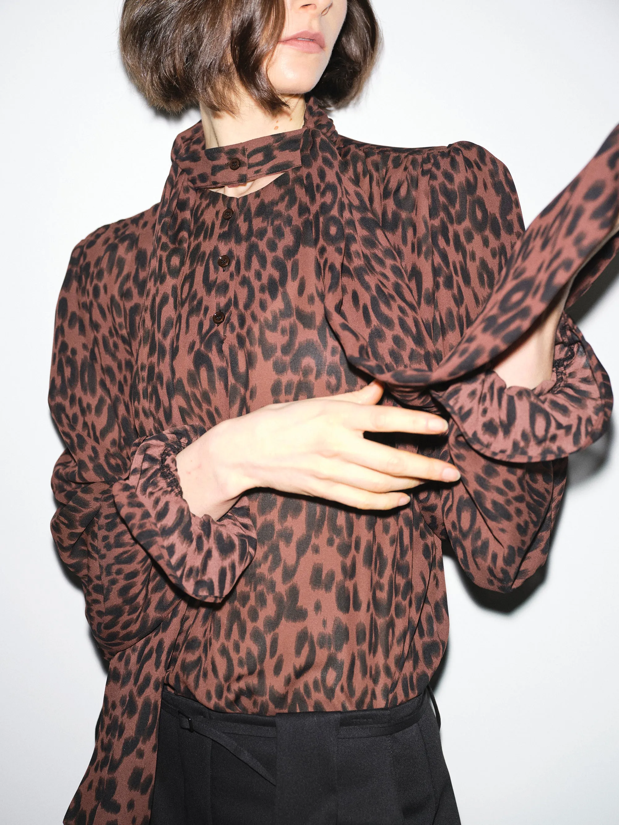 Semi-Sheer Tie Blouse, Leopard sold by Source Unknown