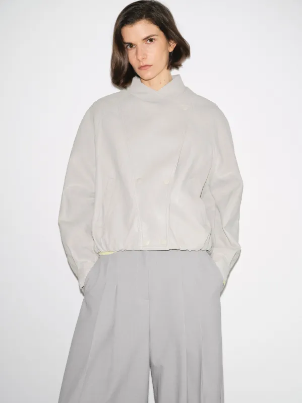 Wrap Stand Collar Faux-Leather Jacket, Light Grey sold by Source Unknown