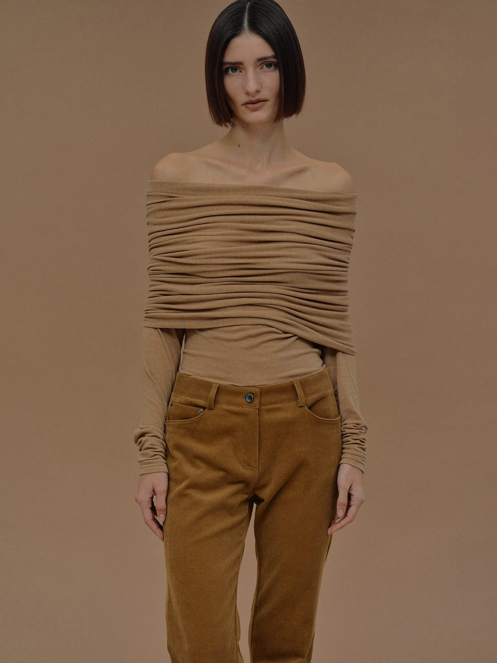 Tova Off Shoulder Knit, Nude Brown sold by Source Unknown