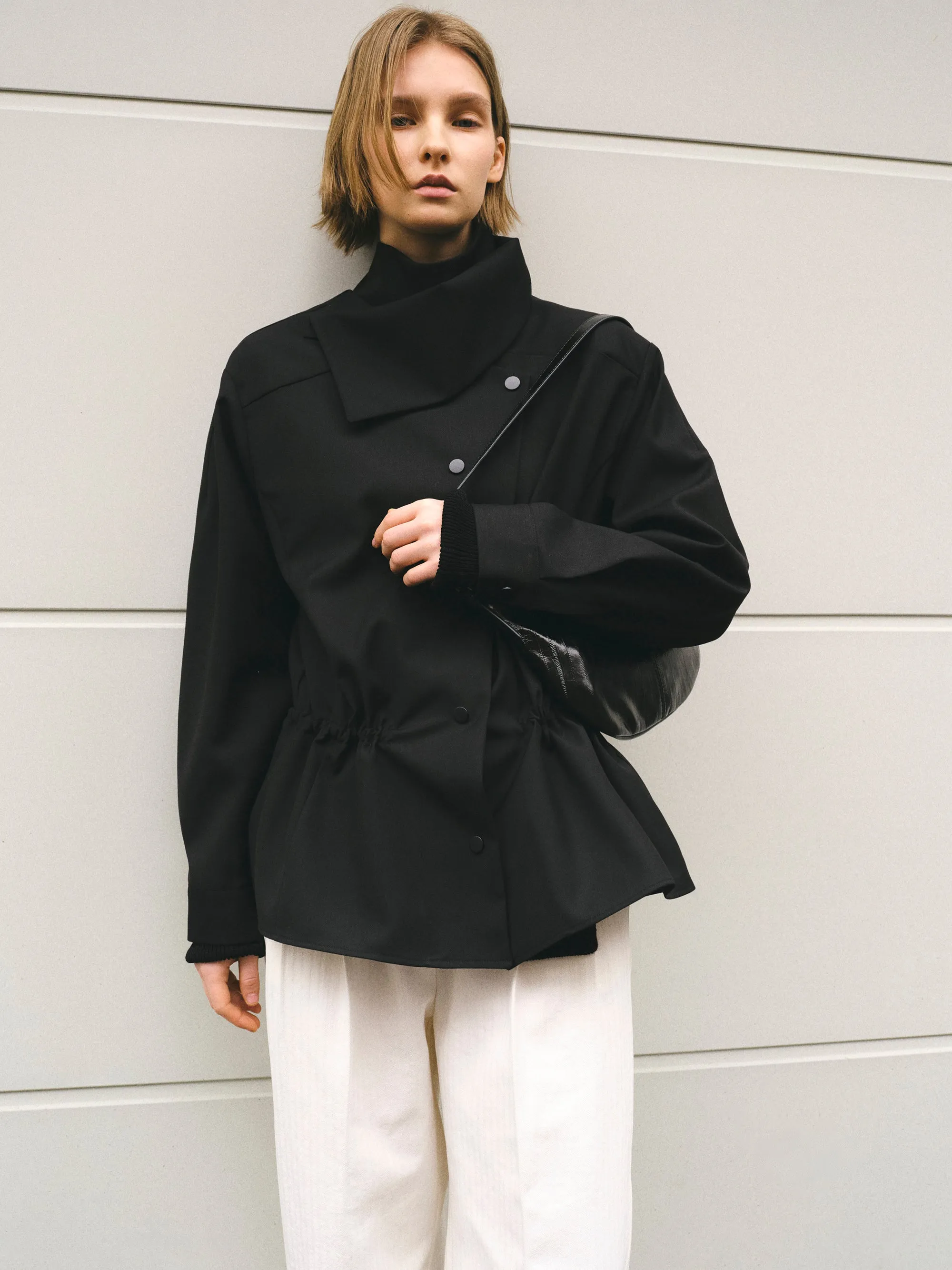 High-Neck Drawstring Jacket, Black sold by Source Unknown