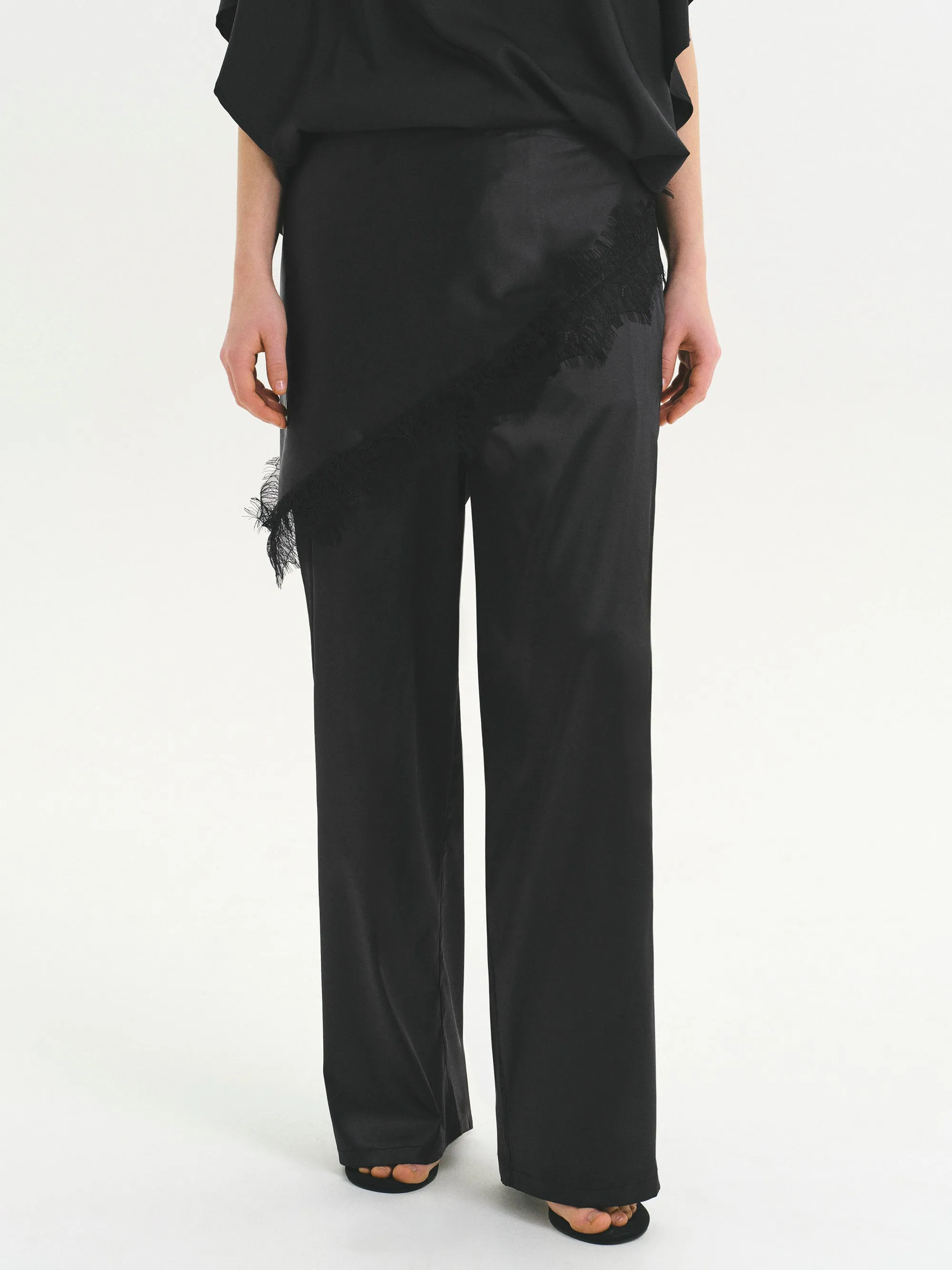 Layered Satin-Effect Trousers, Black sold by Source Unknown