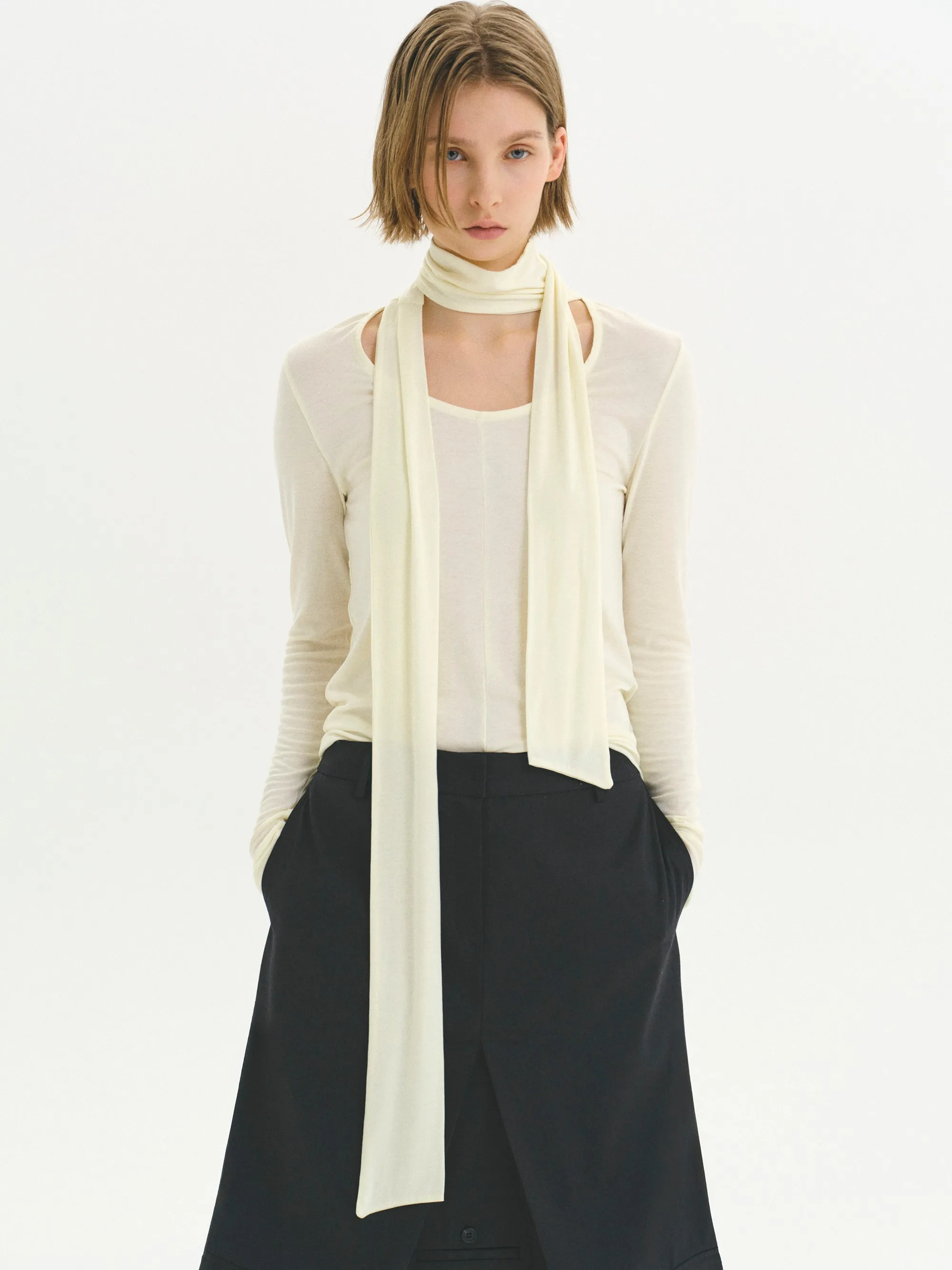 Tie Neck Jersey Top, Cream sold by Source Unknown