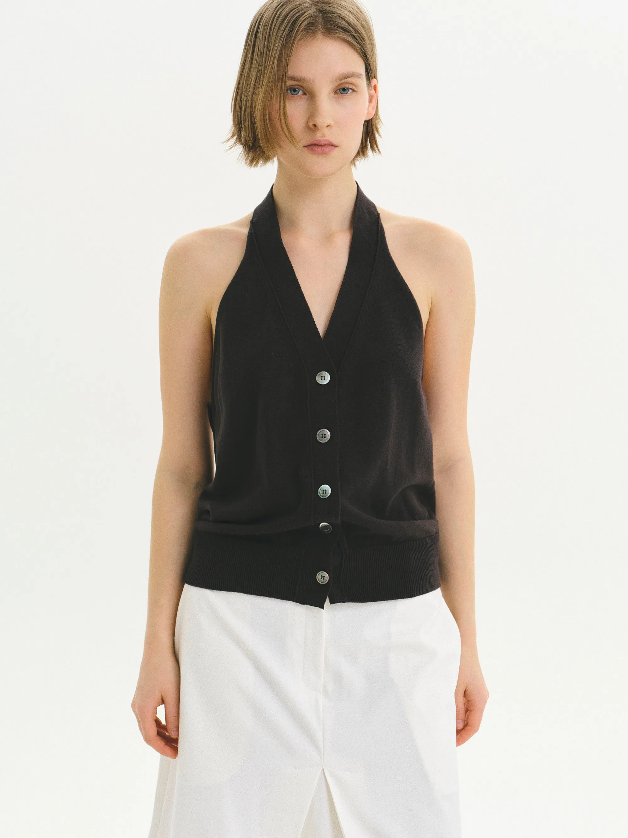 Button-Front Halter Knit Top, Charcoal sold by Source Unknown