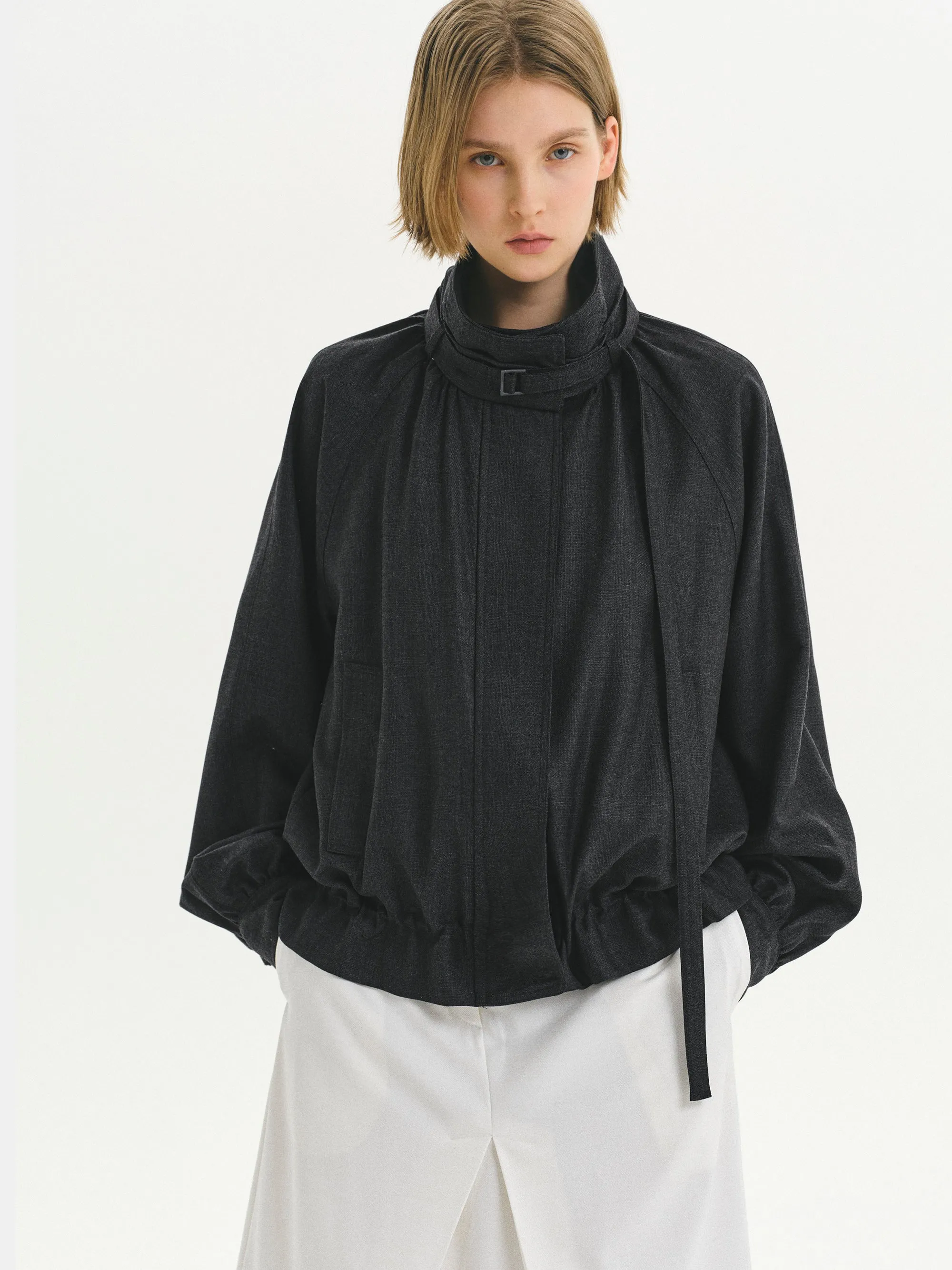 Mock-Neck Bomber Jacket, Charcoal sold by Source Unknown